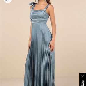 Lulu’s Gorgeous Purpose Slate Satin Pleated Sleeveless Bow Maxi Dress